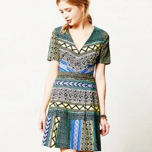 Anthropologie Size 2 Plenty by Tracy Reese Green Blue Tribal New Moon Mini Dress